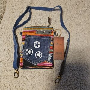 Multicolor Stripe Denim Crossbody Bag with Star Patch